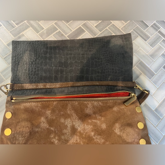 Hammitt Gray Crocodile Textured VIP Bag metallic brown suede and gold Zipper - Picture 7 of 9